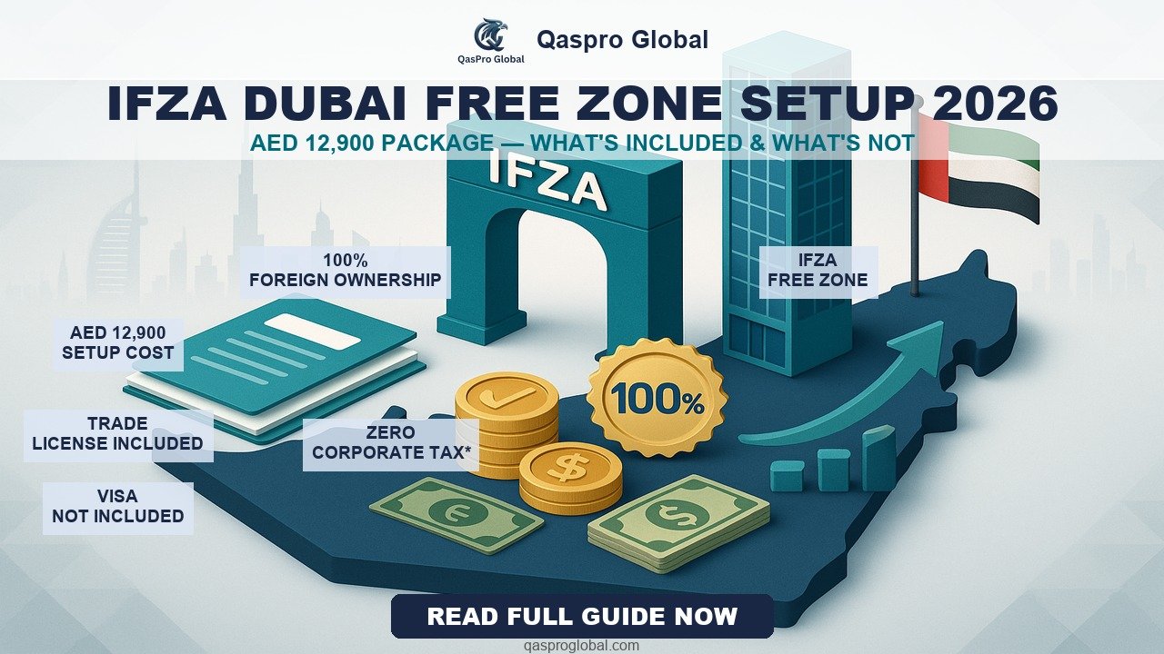 IFZA DUBAI FREE ZONE SETUP 2026 infographic qasproglobal.com