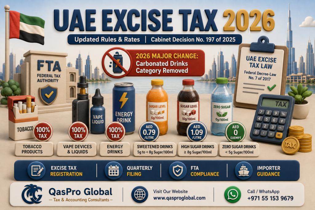 UAE excise tax 2026 rates table tobacco energy drinks sweetened drinks