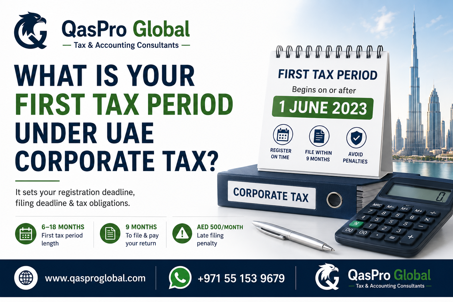 UAE corporate tax first tax period infographic showing it begins on or after 1 June 2023, runs 6 to 18 months, file within 9 months