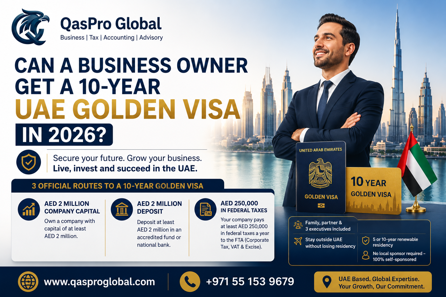 UAE Golden Visa for business owners 2026: 10-year via AED 2 million capital, AED 2 million deposit or AED 250,000 federal taxes paid to the FTA