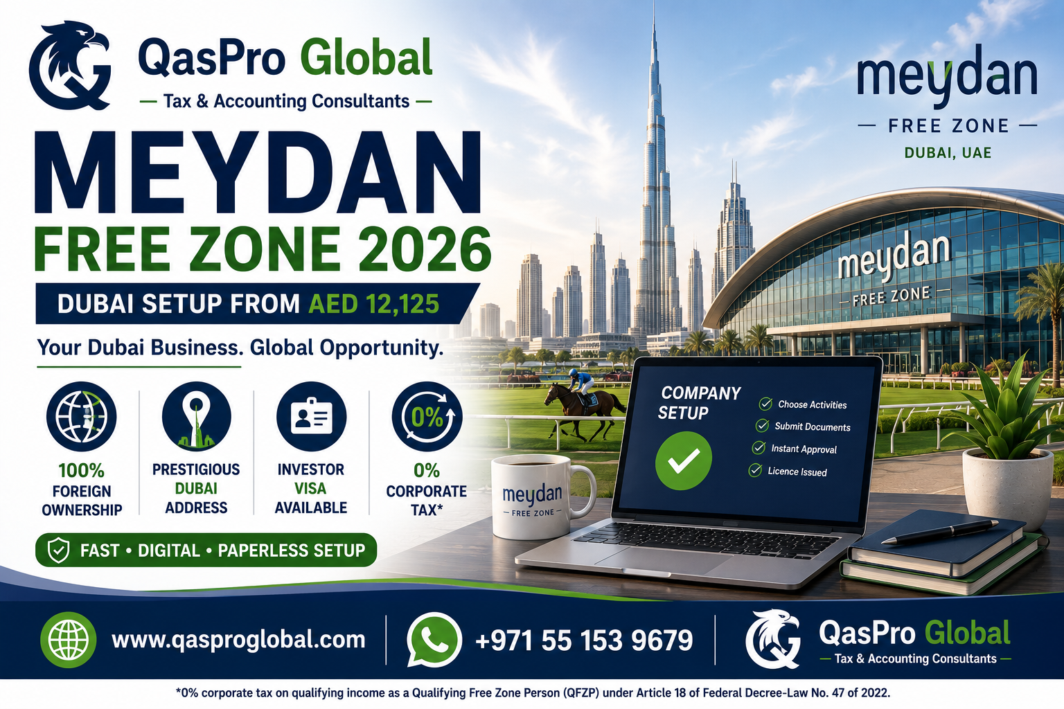 Meydan Free Zone 2026 Dubai business setup from AED 12,125 with QFZP corporate tax