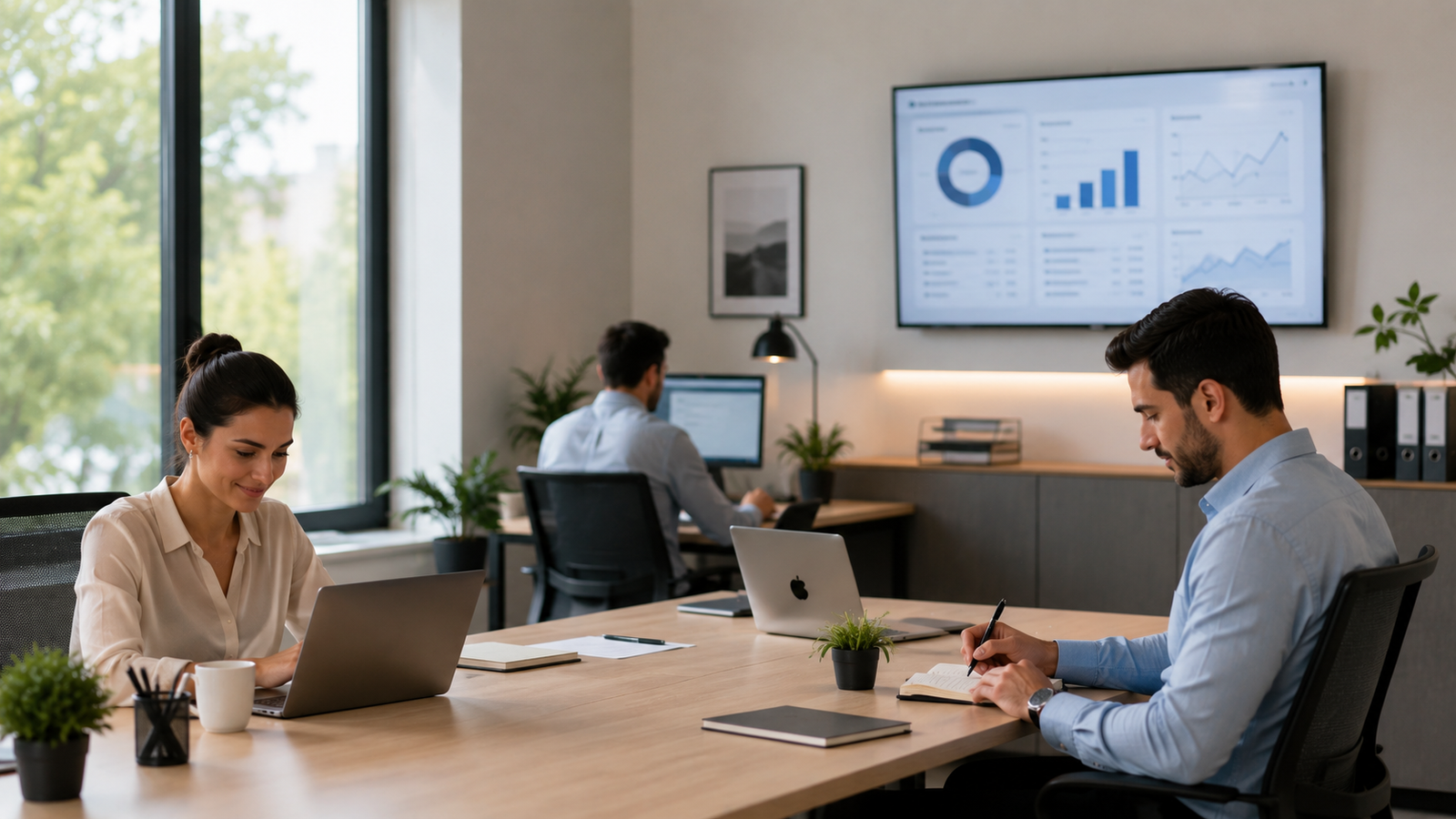 Small accounting firm team working alongside AI-powered dashboards