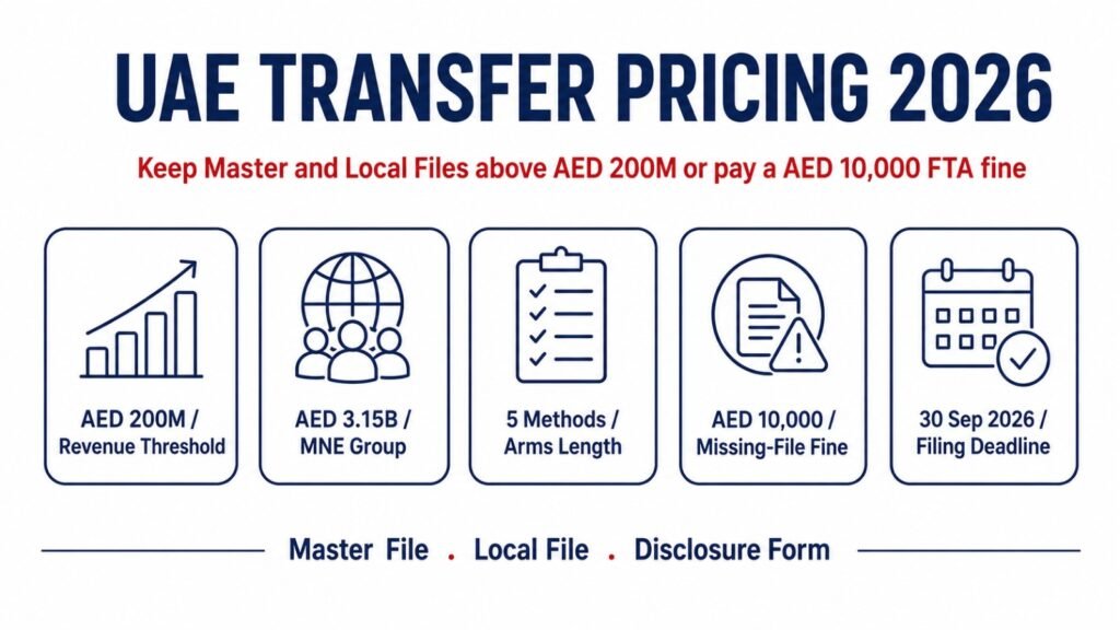 UAE transfer pricing 2026 thresholds and AED 10000 penalty infographic