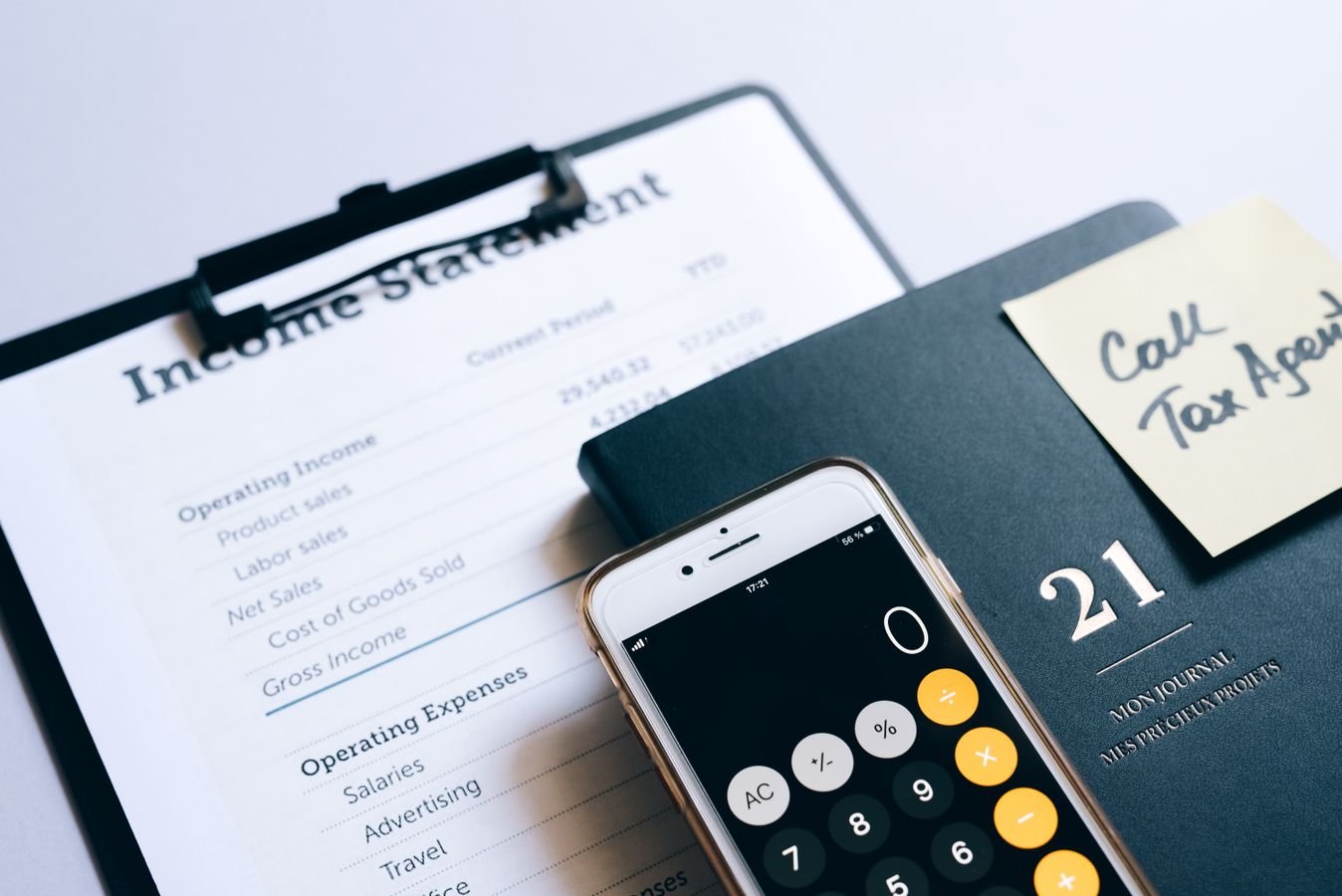 Close-up of income statement, calculator, and planner for financial planning and UAE tax filing