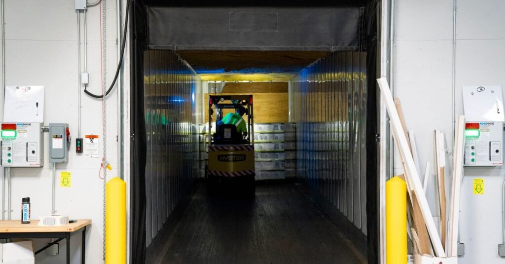 Forklift unloading goods at an industrial warehouse loading dock, representing UAE Free Zone manufacturing and warehousing qualifying activities under Ministerial Decision No. 229