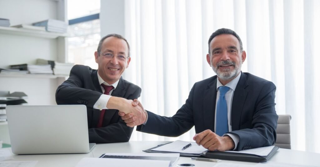 Two businessmen shaking hands over a signed agreement, representing a local service agent or corporate sponsor contract for a UAE mainland LLC
