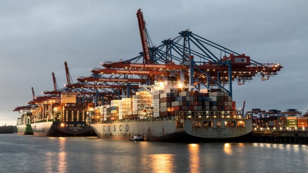 Container ships docked at a busy port terminal at twilight, representing a port-based free zone in the UAE