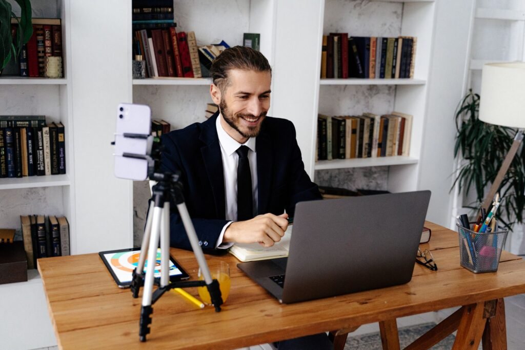 Business owner on a video call with an overseas client, illustrating UAE VAT place of supply for cross-border services